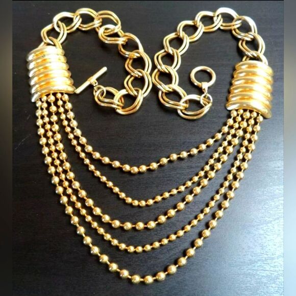 Stephan-Adrian Curb & Ball Chain Multi Strand Necklace Polished Gold Tone 25" - Picture 1 of 9